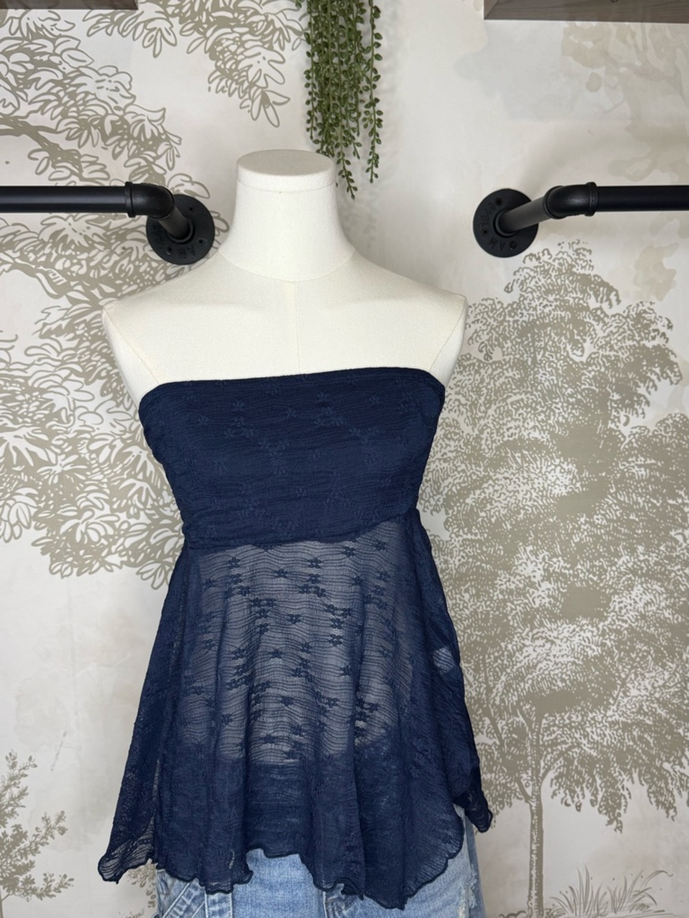 Strapless Navy Lace Peplum Top